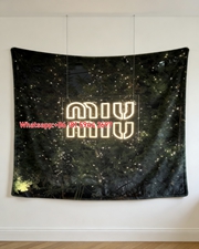 Miu Miu Neon Sign Print Flannel Throw Blanket Dark Forest Green Background with Warm White Glowing Logo and Fairy Lights IMG_0432
